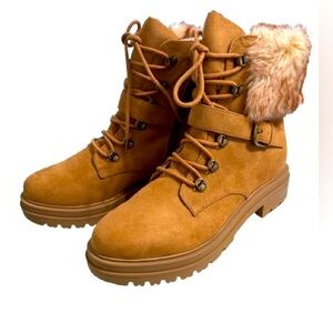 Sun+Stone Orlenaa Cold Weather Booties Tan Size 10 Faux Fur Collar Lug Platform